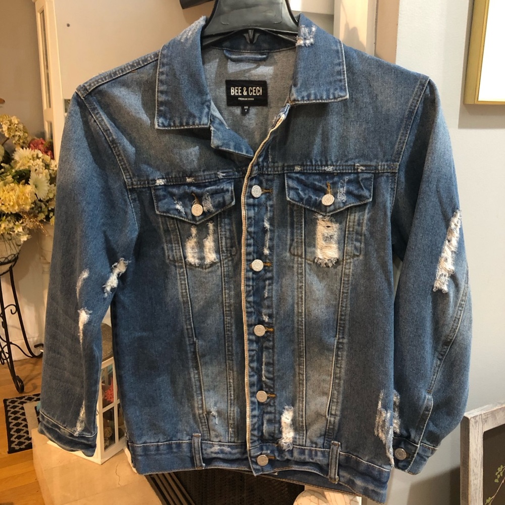 Bee & Ceci Premium Denim Distressed Jean Collared Jacket